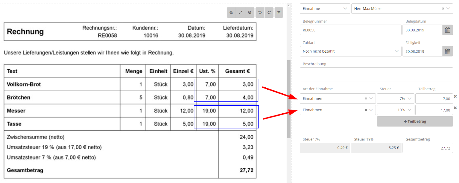 Buchhaltungsbeleg mit gruppierten Rechnungspositionen
