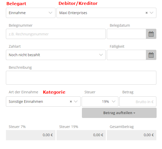 Formular zur Erfassung von Buchhaltungs-Belegen